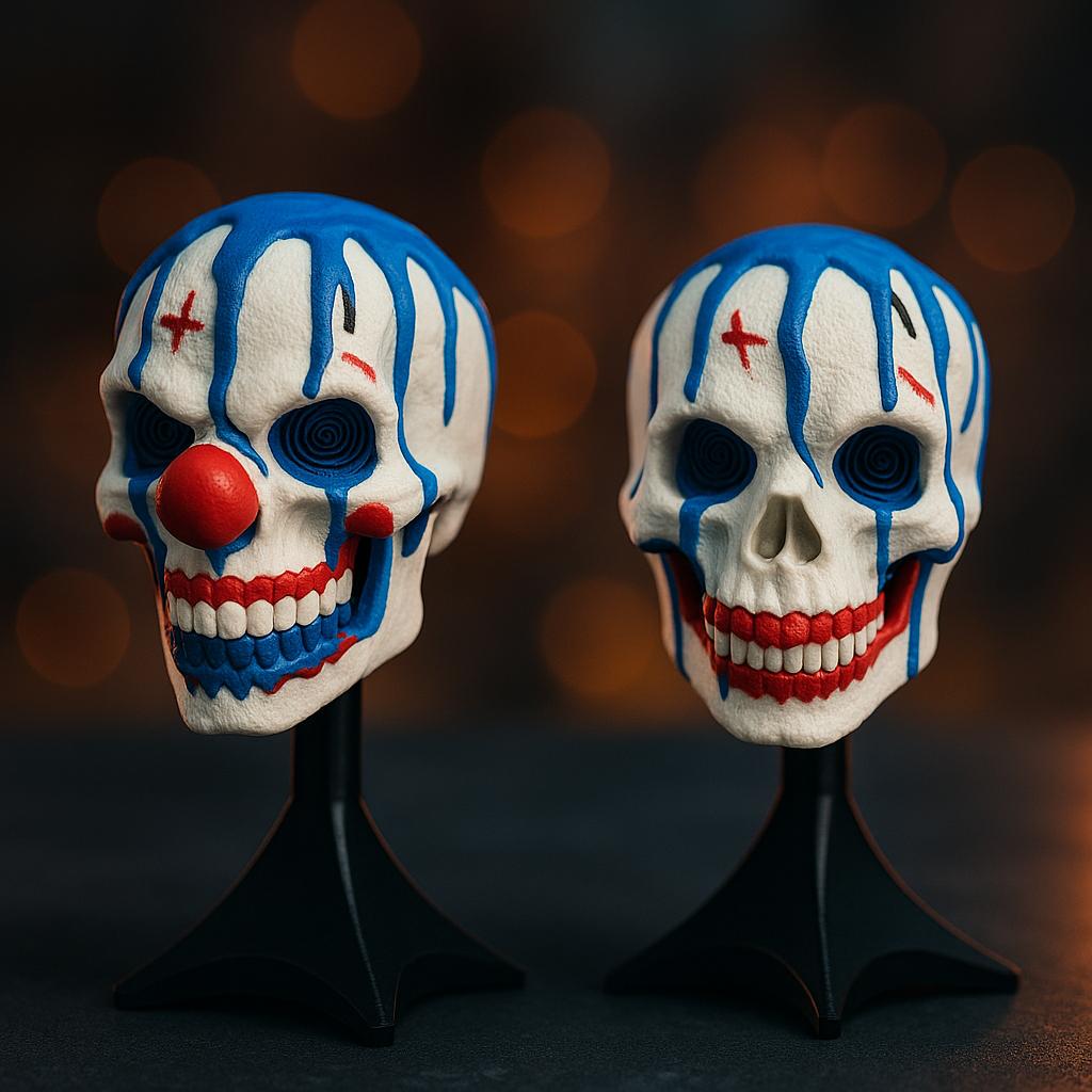 Mr. Juggle Wall/Table Decor — Two-Face Clown Skulls (with Stand)