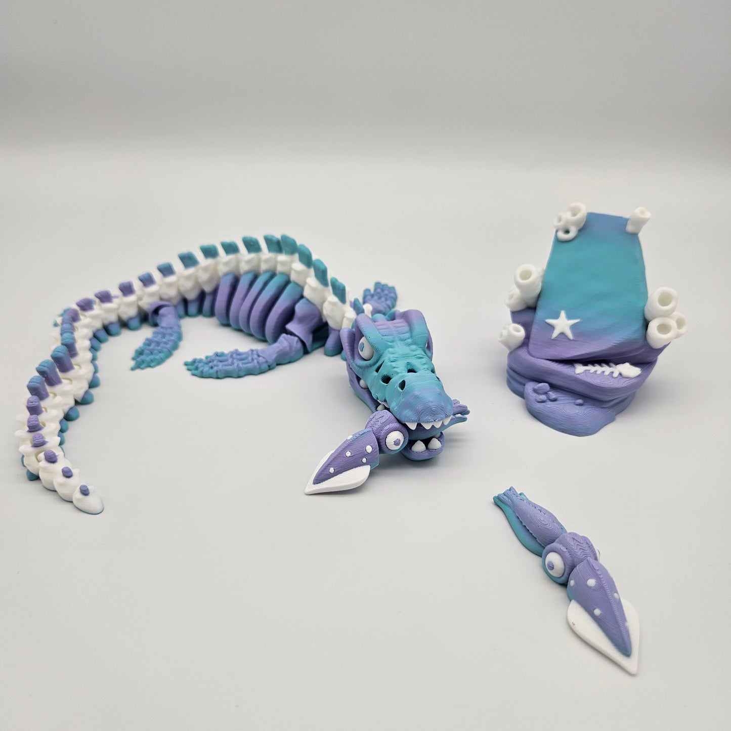 Skeleton Mosasaurus Figurine with Stand & Squid Minis
