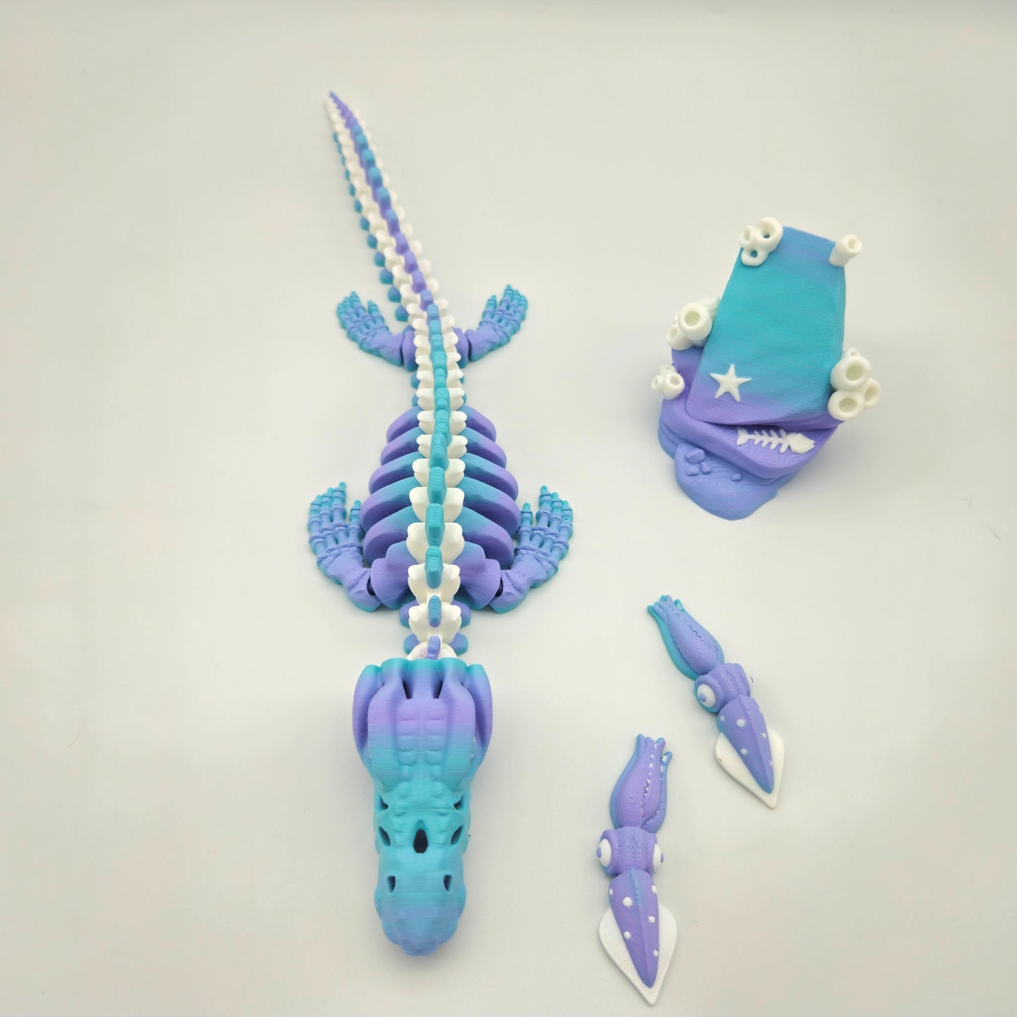 Skeleton Mosasaurus Figurine with Stand & Squid Minis