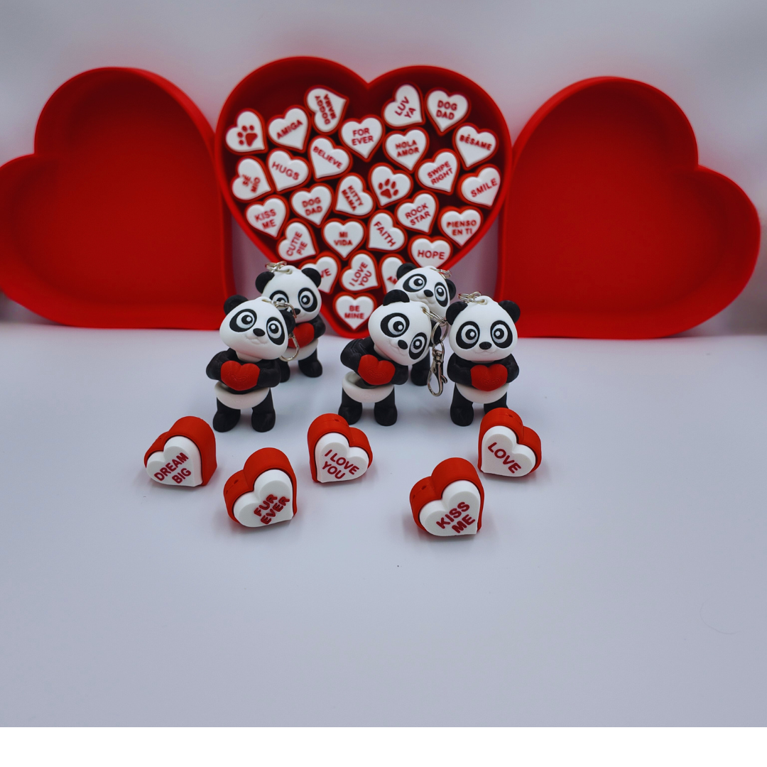 Valentine's Day Gift Accessory Panda Keychain with Heart, Black and White,