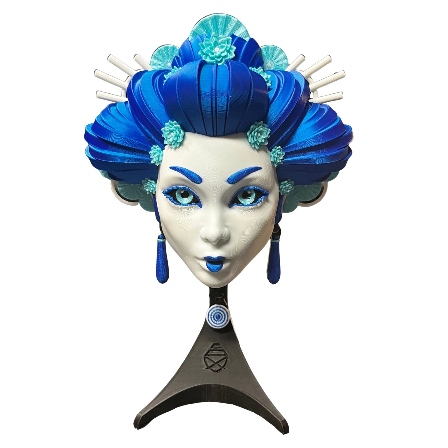 Blue Geisha Fan Art Bust Sculpture – 3D Printed Collectible Figurine with Stand or Wall Mount Display