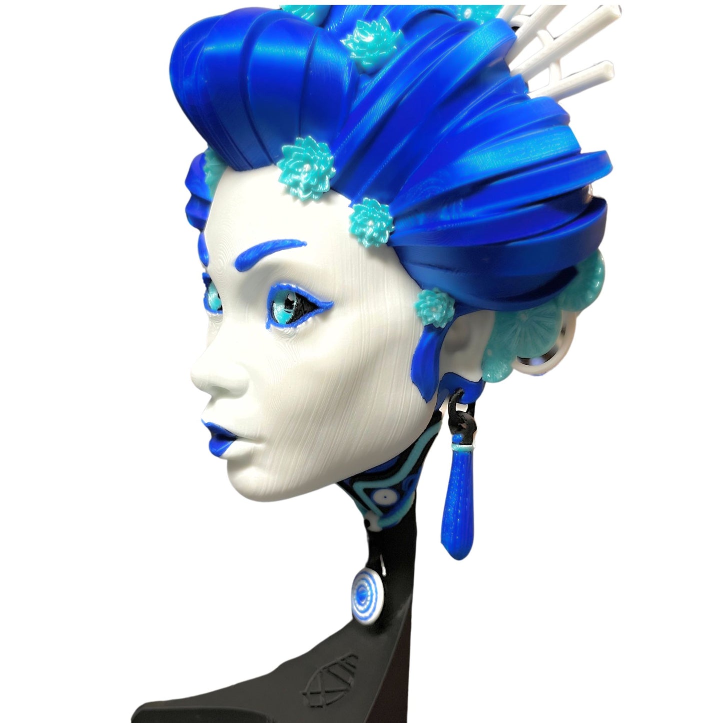 Blue Geisha Fan Art Bust Sculpture – 3D Printed Collectible Figurine with Stand or Wall Mount Display