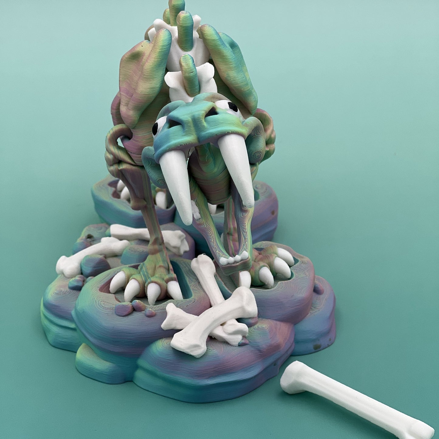 Skeleton Saber-Tooth Tiger — Flexi Figurine w/ Stand & Bone