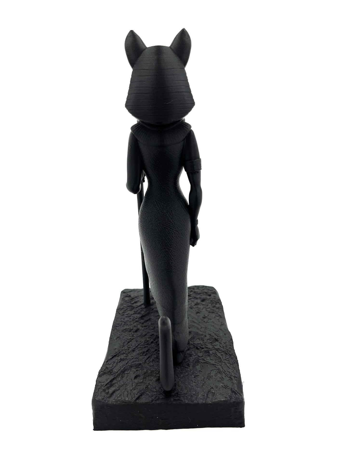 Egyptian Cat Goddess Statue on Stone Base – Black Figurine (7")