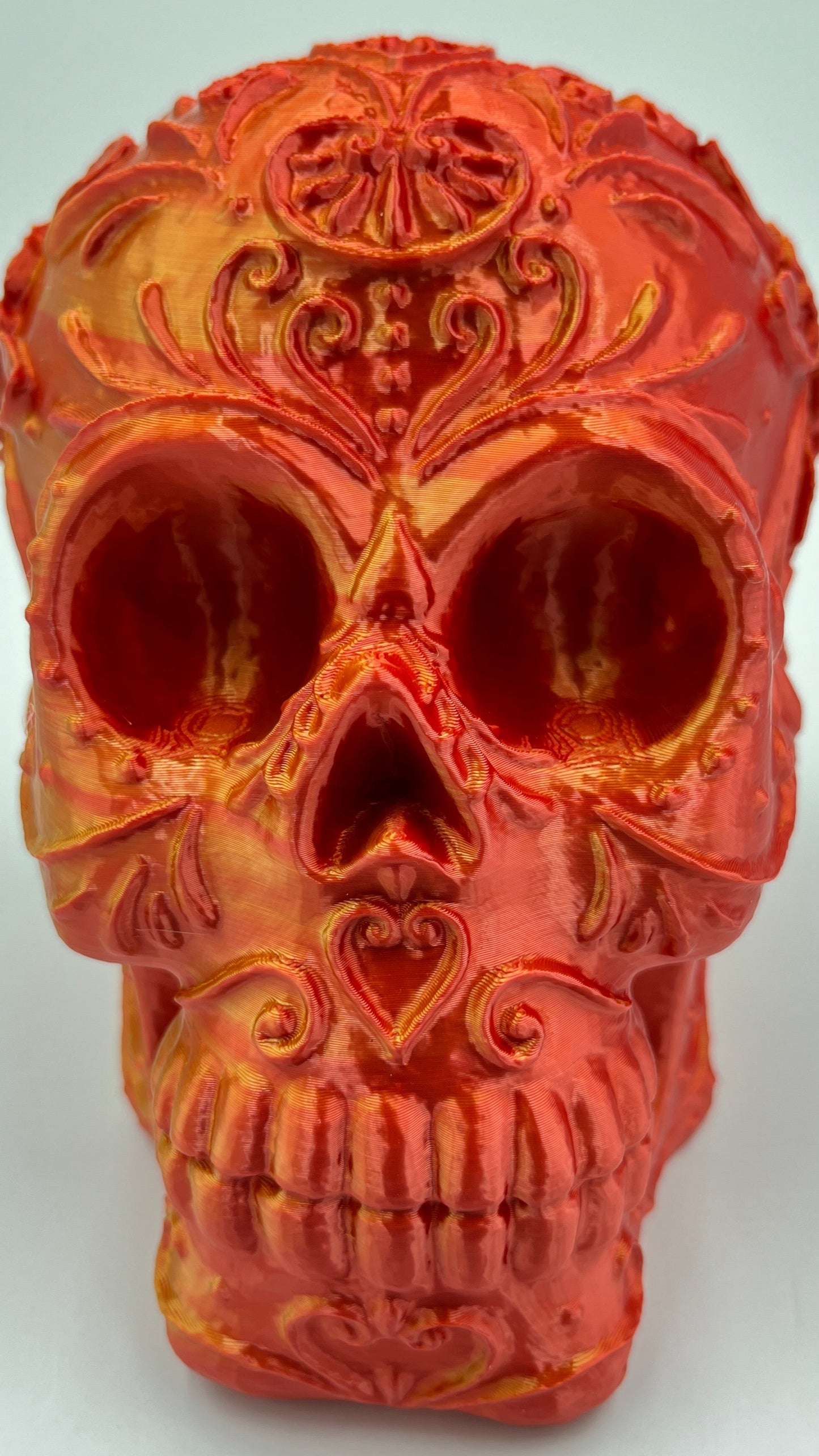 Skeleton Head Sculpture – Red & Gold Silk PLA 3D Printed Finish