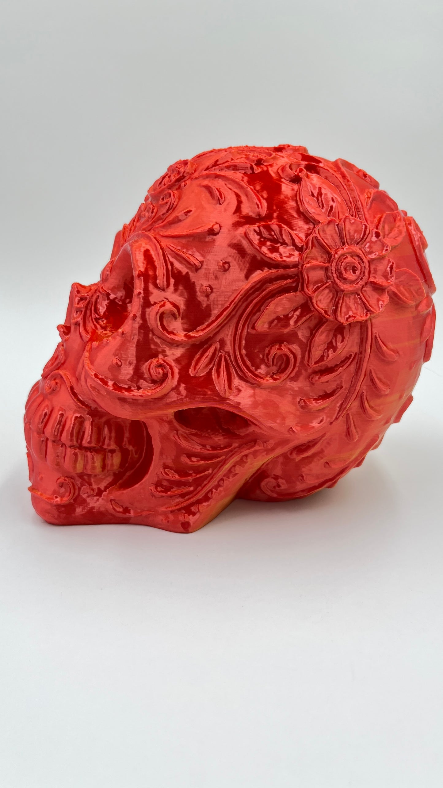 Skeleton Head Sculpture – Red & Gold Silk PLA 3D Printed Finish