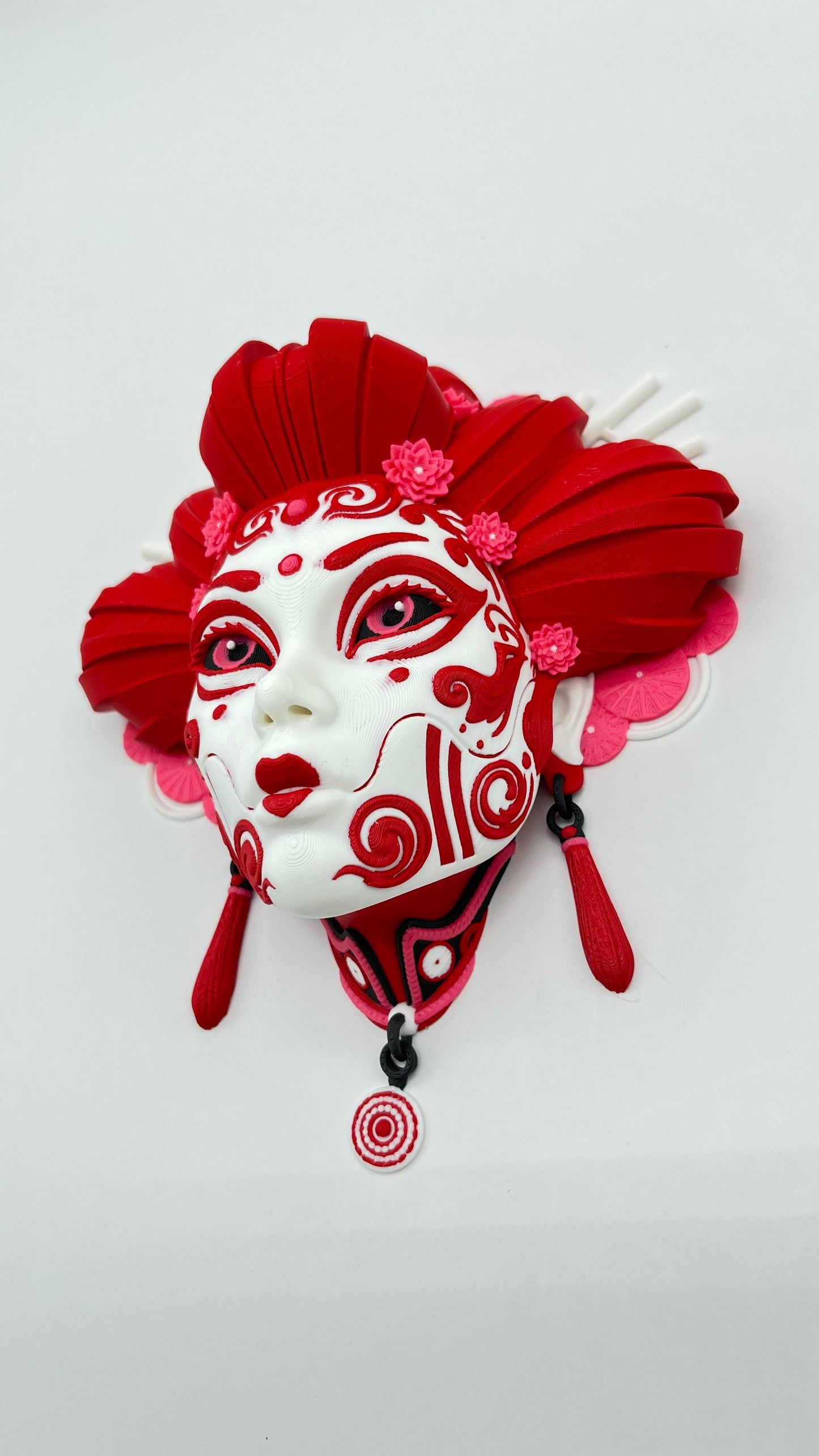 Oni Geisha Wall Mask — Red & White Art Plaque (Table Stand + Wall Hardware)