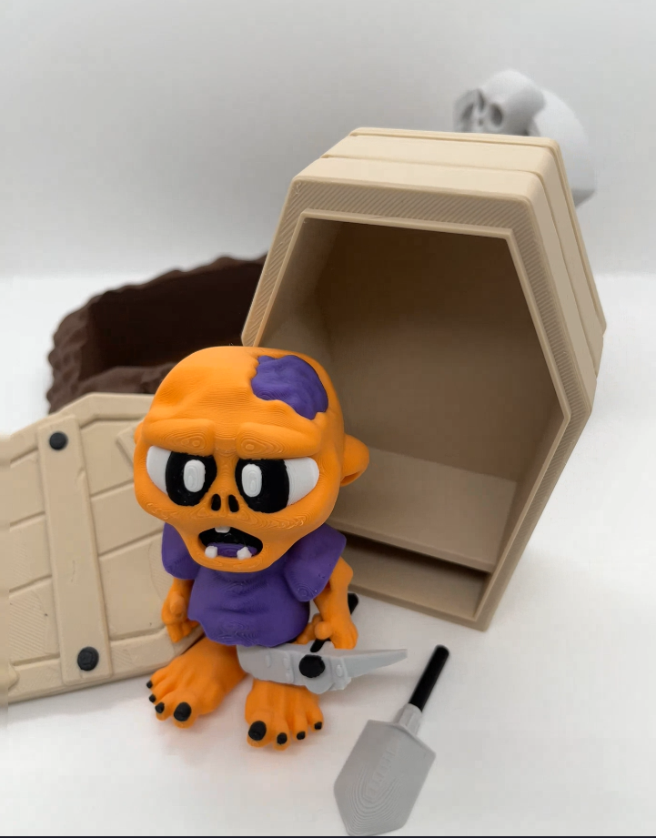 Zombie & Coffin Graveyard Set – Cute Chibi Diorama (Figure + Coffin + Base + Tools)