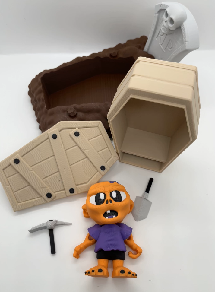 Zombie & Coffin Graveyard Set – Cute Chibi Diorama (Figure + Coffin + Base + Tools)