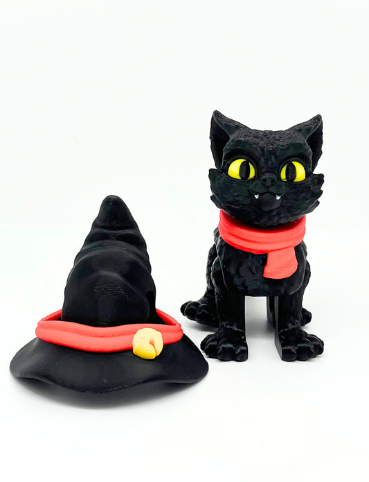 Black Cat Figurine with Witch Hat | Flexible Halloween Décor Collectible