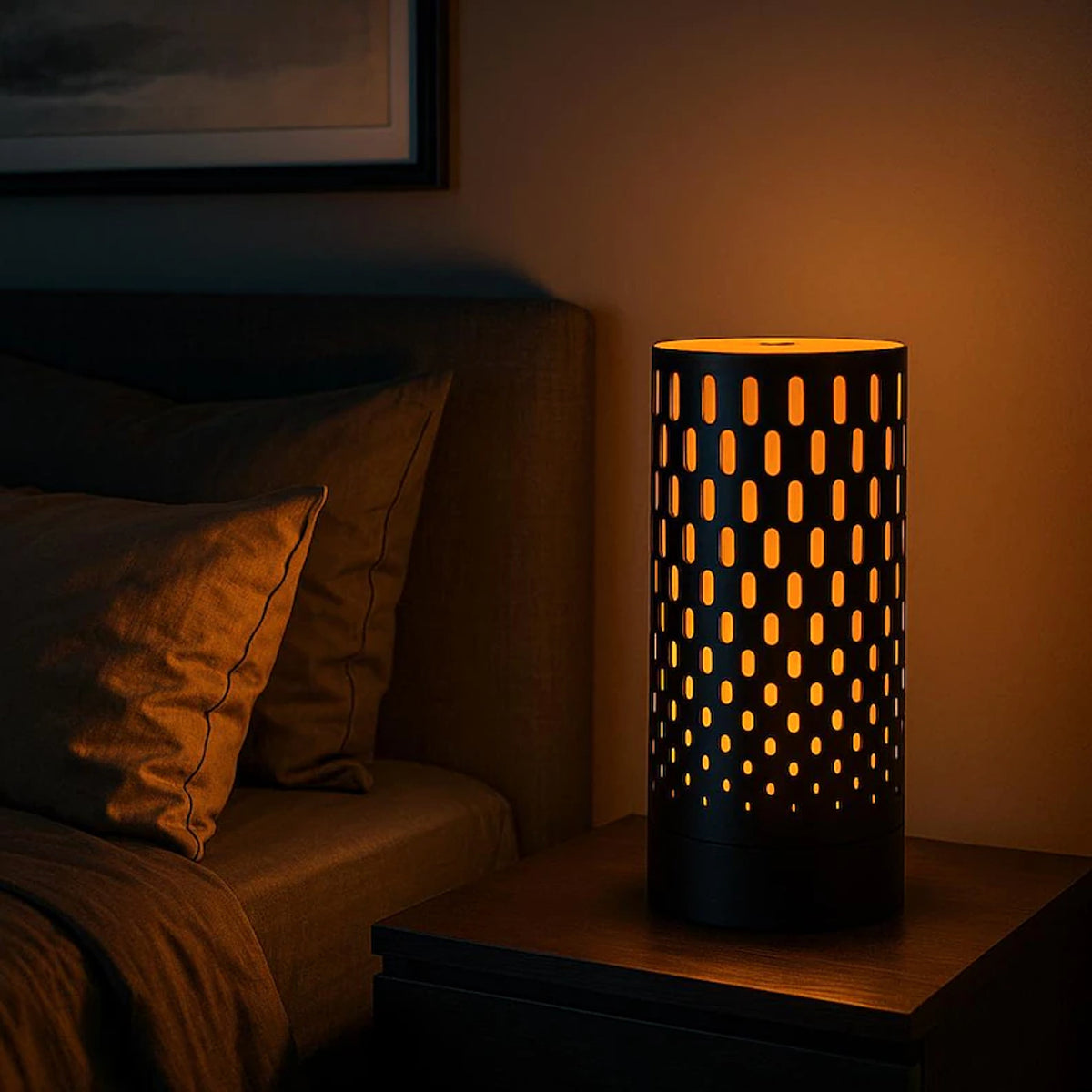 Milazzo Lattice Glow Accent Lamp – Modern Black LED Table Light, 9" Cylinder