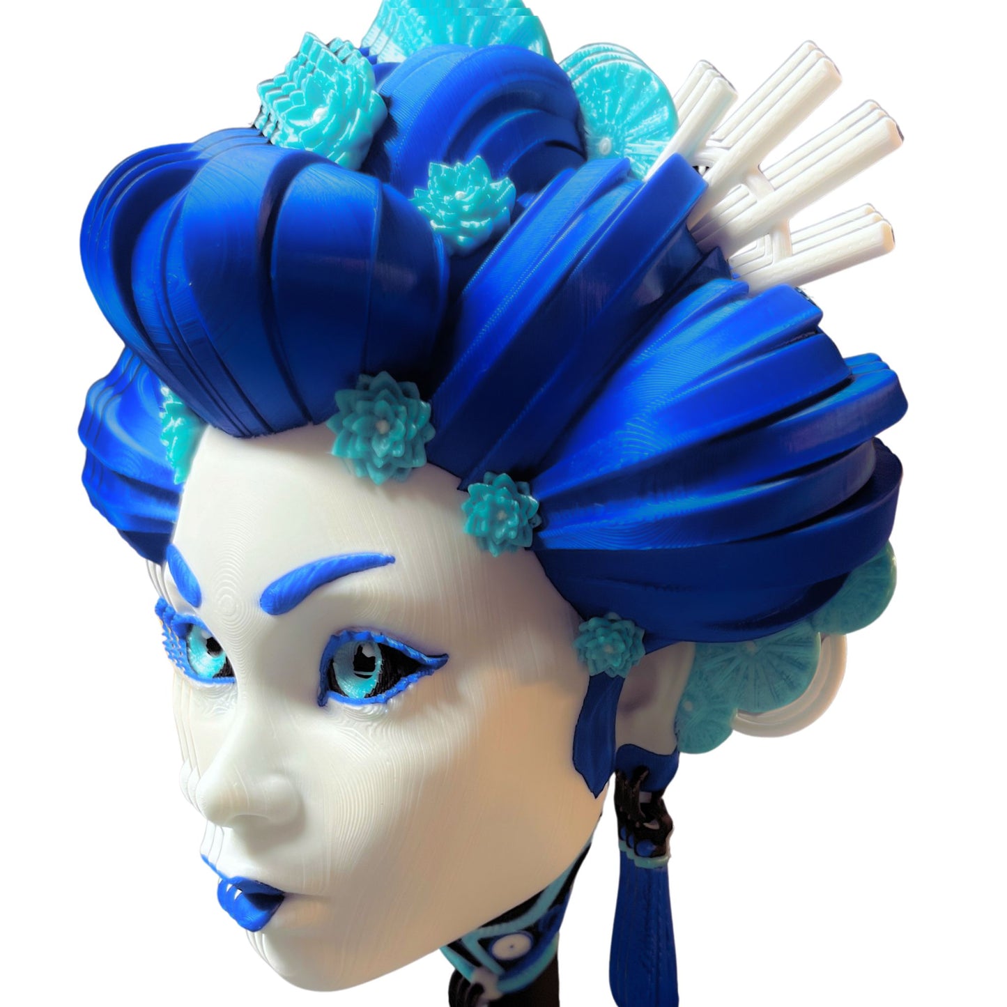 Blue Geisha Fan Art Bust Sculpture – 3D Printed Collectible Figurine with Stand or Wall Mount Display