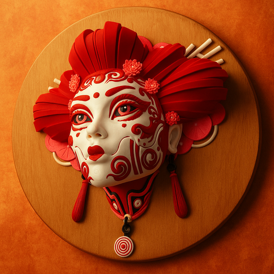 Oni Geisha Wall Mask — Red & White Art Plaque (Table Stand + Wall Hardware)