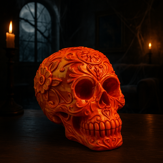 Skeleton Head Sculpture – Red & Gold Silk PLA 3D Printed Finish