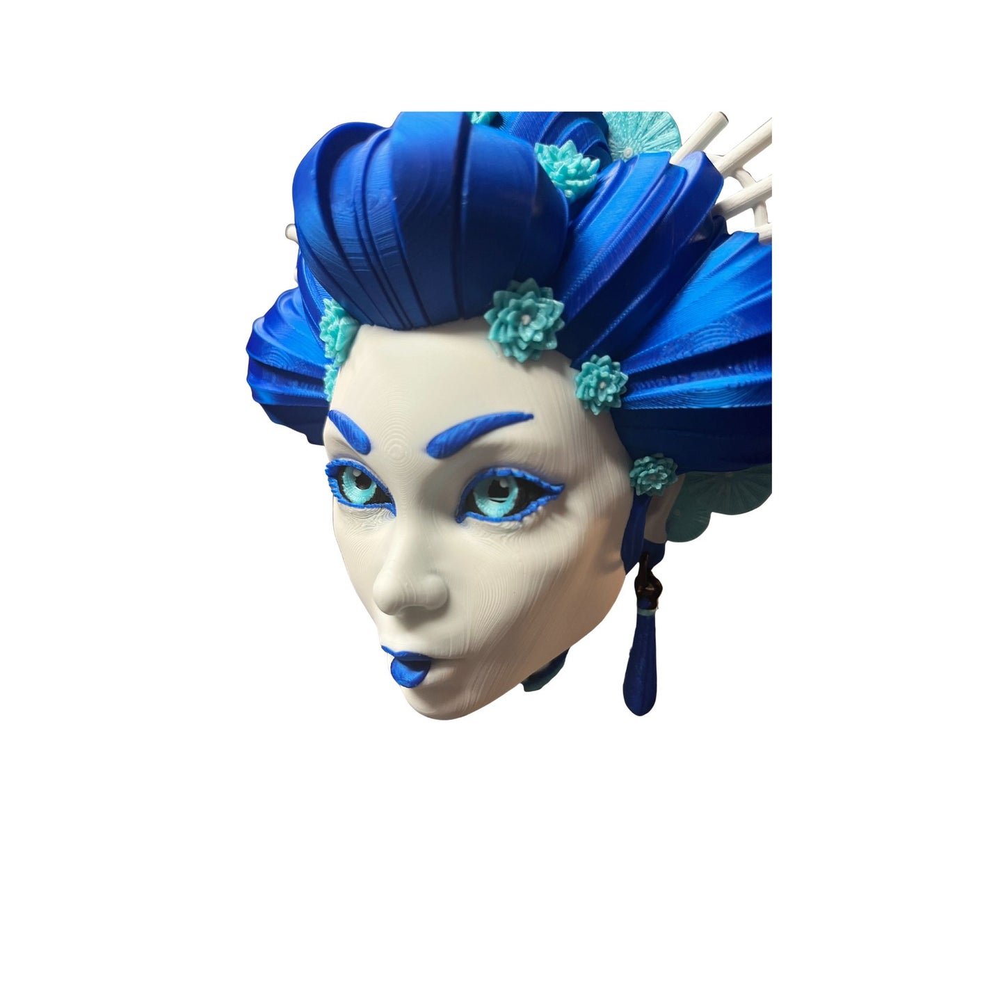 Blue Geisha Fan Art Bust Sculpture – 3D Printed Collectible Figurine with Stand or Wall Mount Display