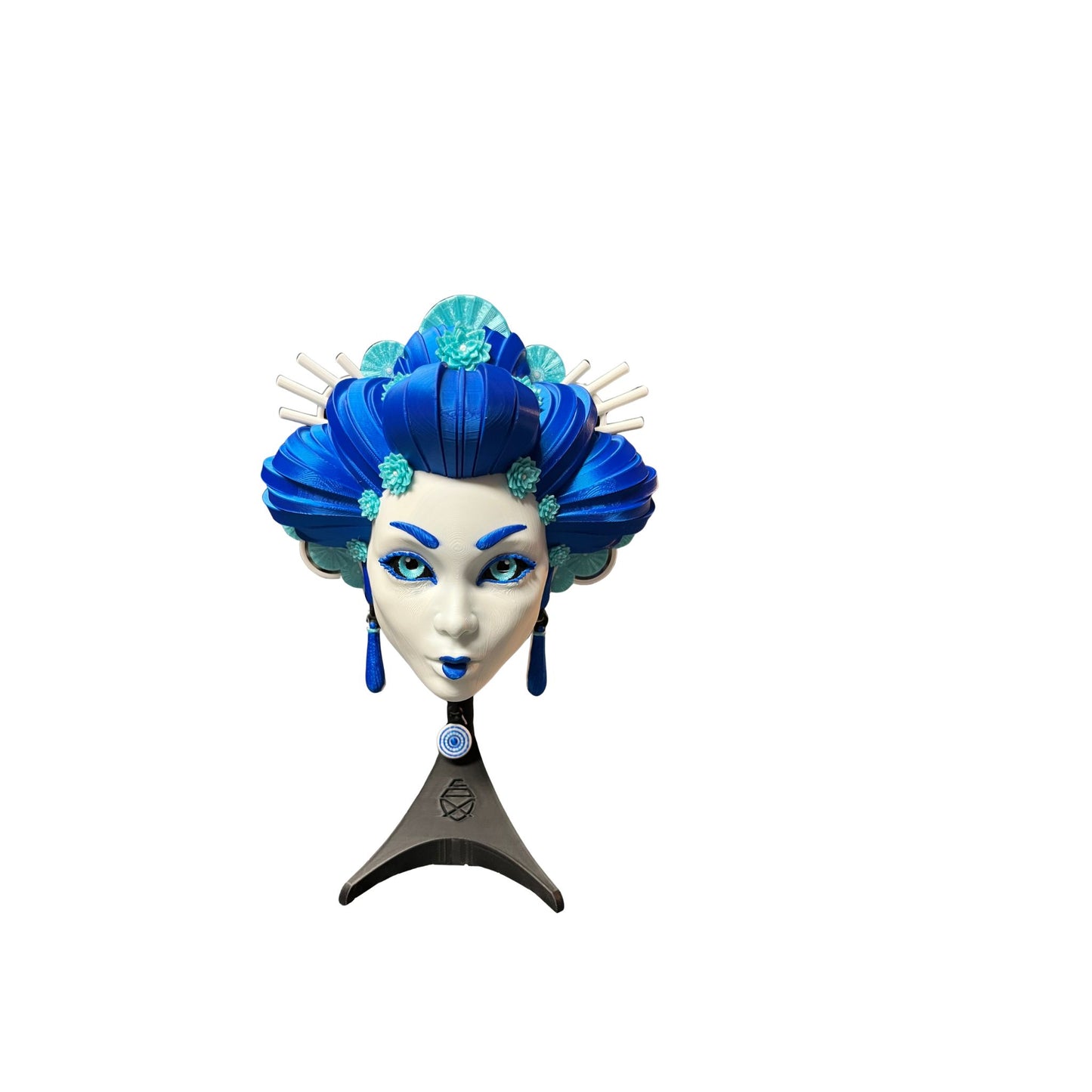 Blue Geisha Fan Art Bust Sculpture – 3D Printed Collectible Figurine with Stand or Wall Mount Display
