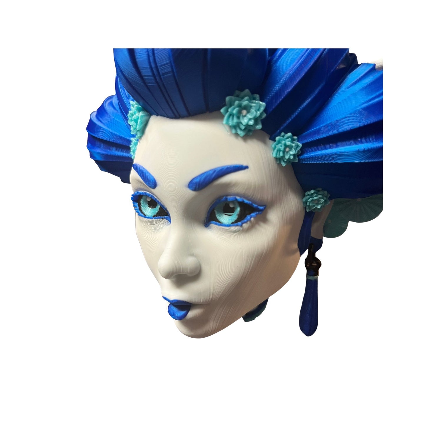 Blue Geisha Fan Art Bust Sculpture – 3D Printed Collectible Figurine with Stand or Wall Mount Display