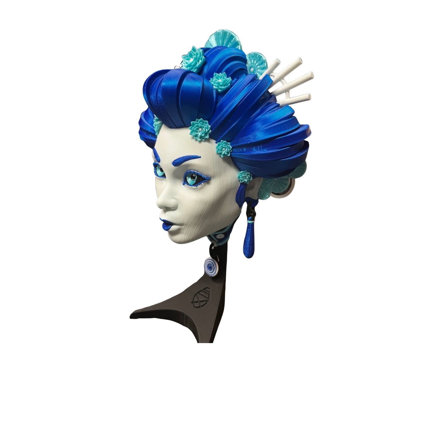 Blue Geisha Fan Art Bust Sculpture – 3D Printed Collectible Figurine with Stand or Wall Mount Display