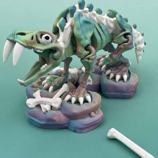 Skeleton Saber-Tooth Tiger — Flexi Figurine w/ Stand & Bone