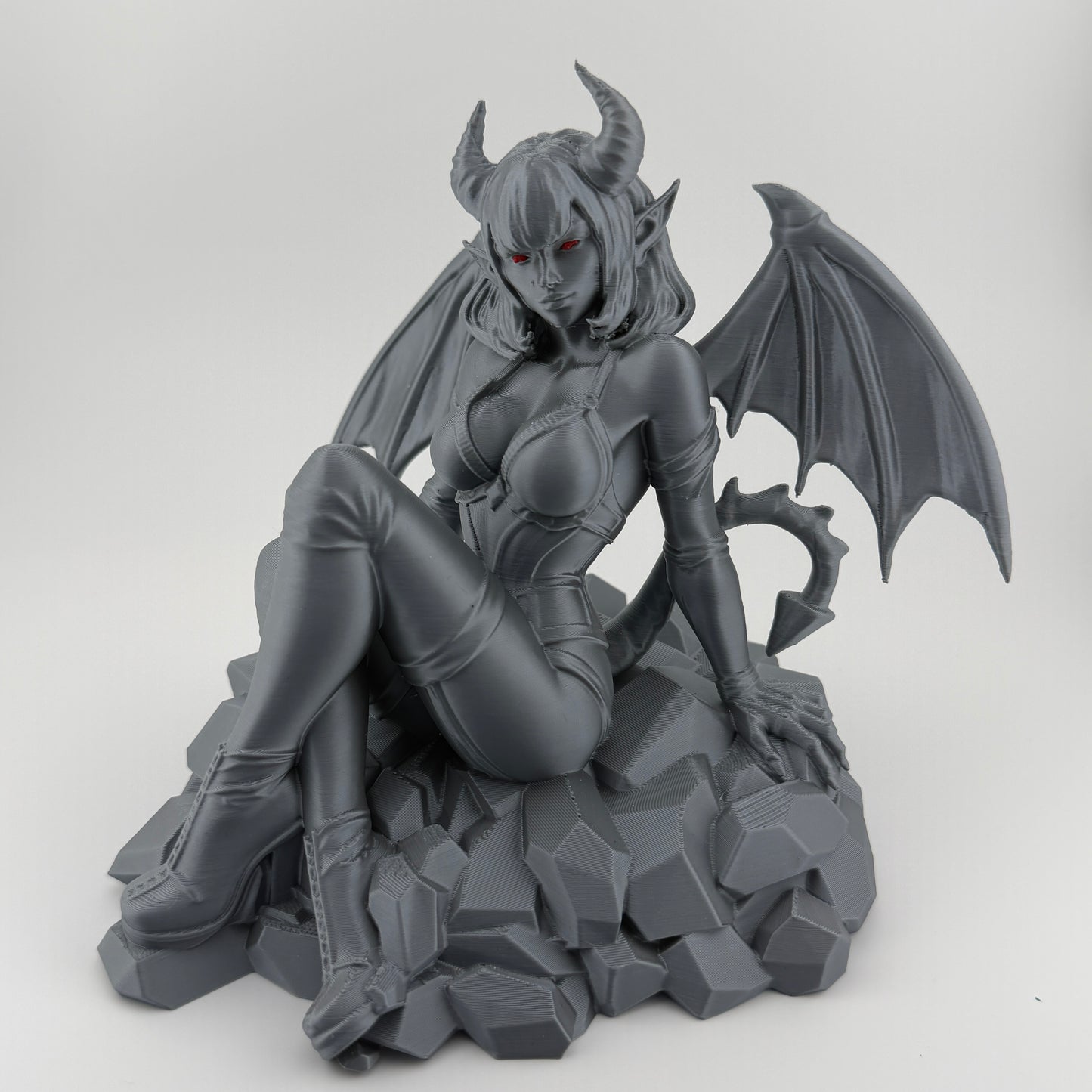 Silver Winged Demoness Statue with Red Eyes – Gothic Fantasy Décor