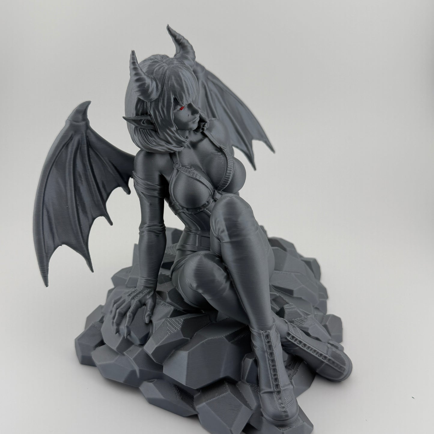 Silver Winged Demoness Statue with Red Eyes – Gothic Fantasy Décor