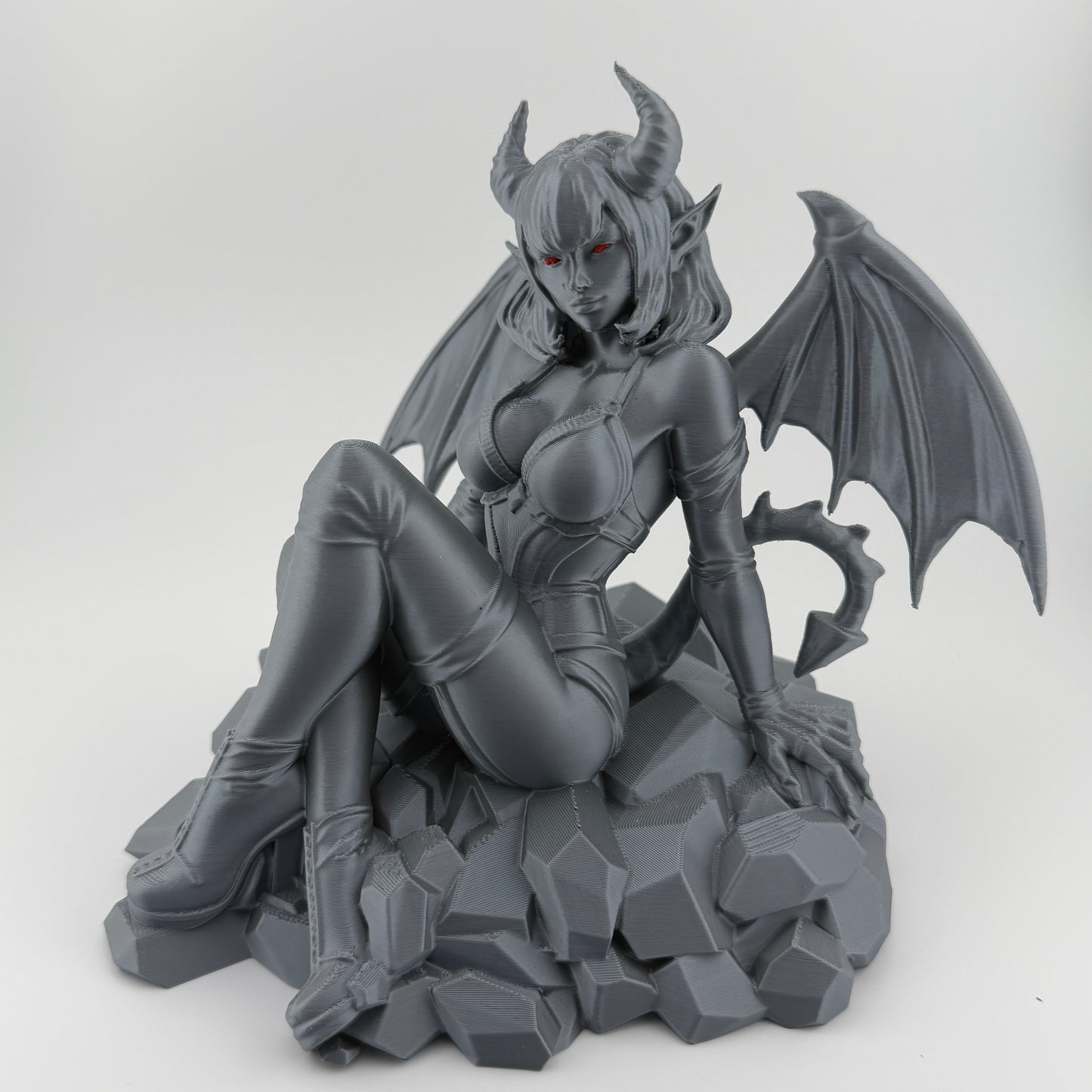 Silver Winged Demoness Statue with Red Eyes – Gothic Fantasy Décor