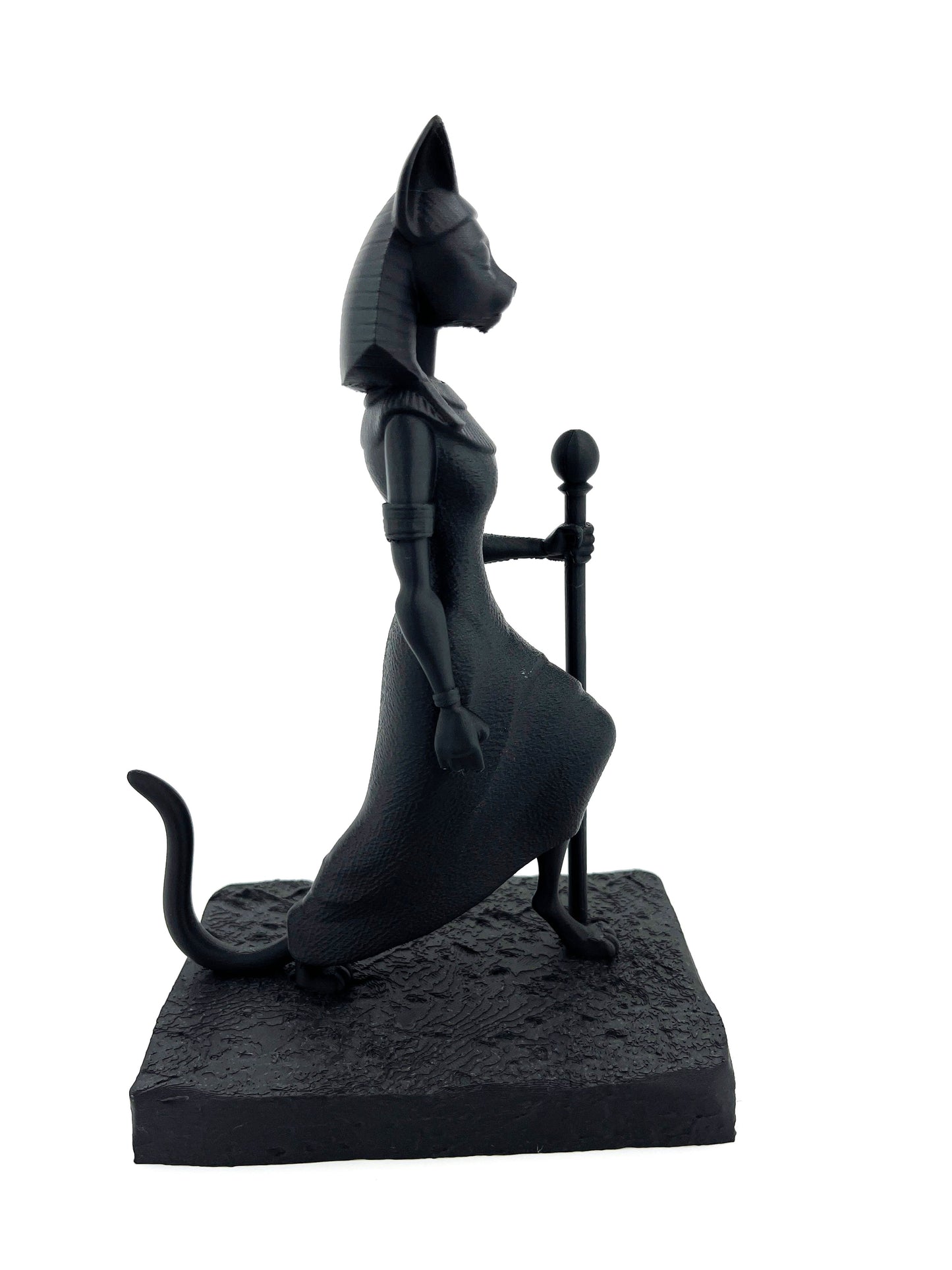 Egyptian Cat Goddess Statue on Stone Base – Black Figurine (7")