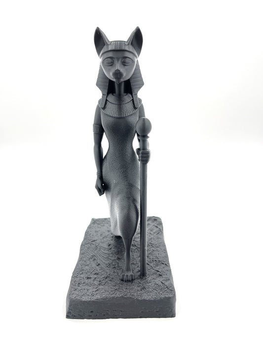 Egyptian Cat Goddess Statue on Stone Base – Black Figurine (7")