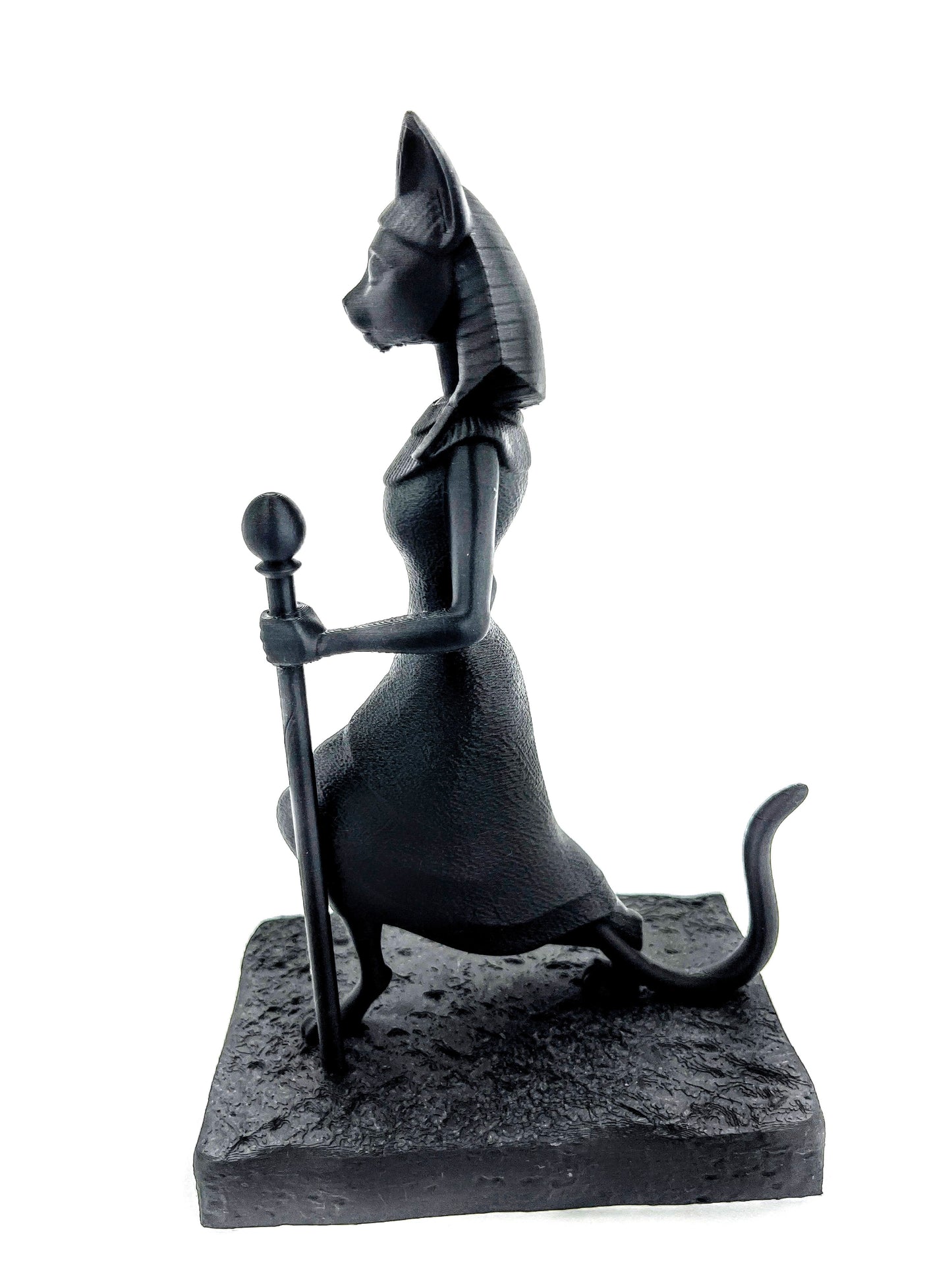 Egyptian Cat Goddess Statue on Stone Base – Black Figurine (7")