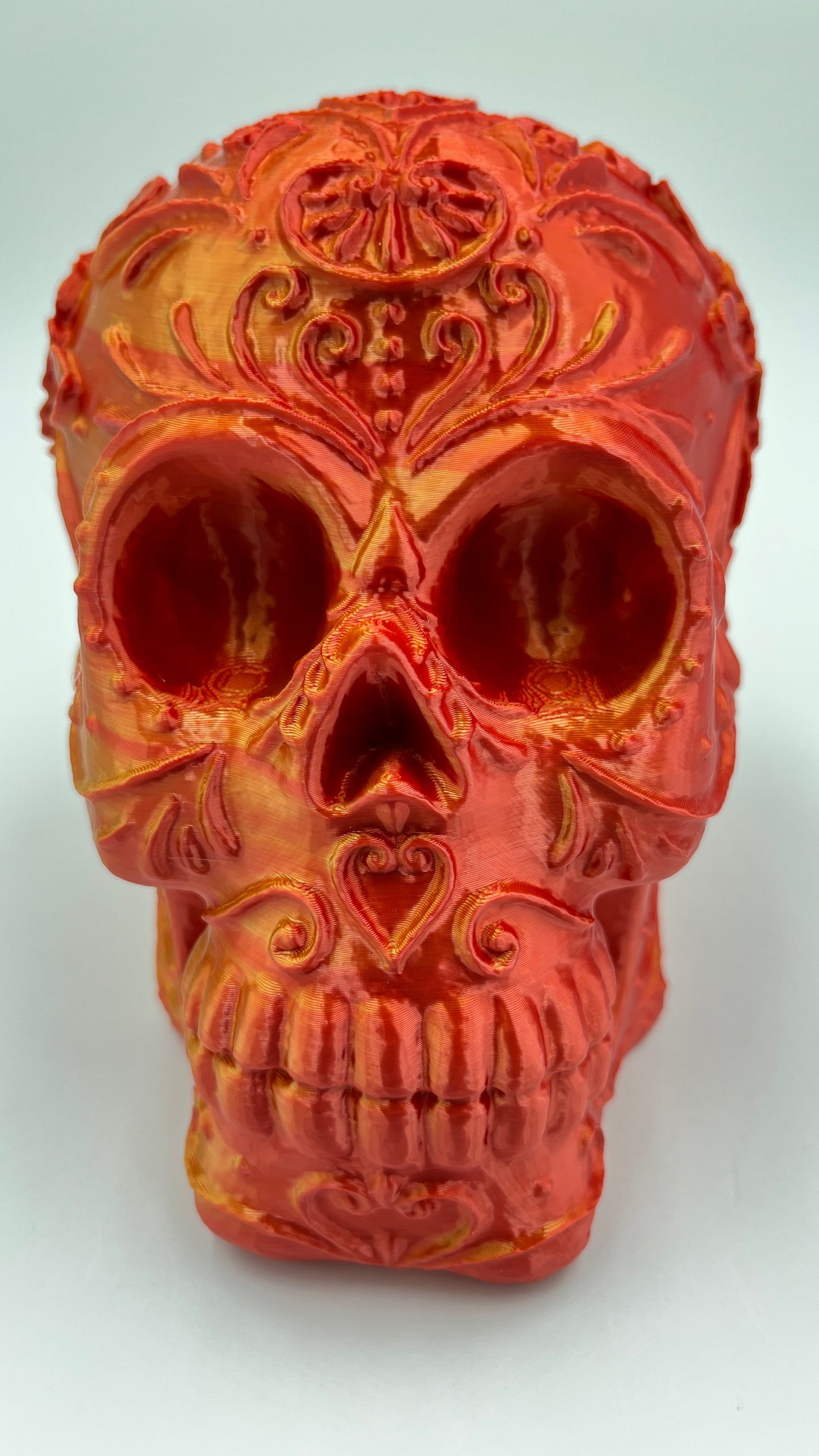 Skeleton Head Sculpture – Red & Gold Silk PLA 3D Printed Finish