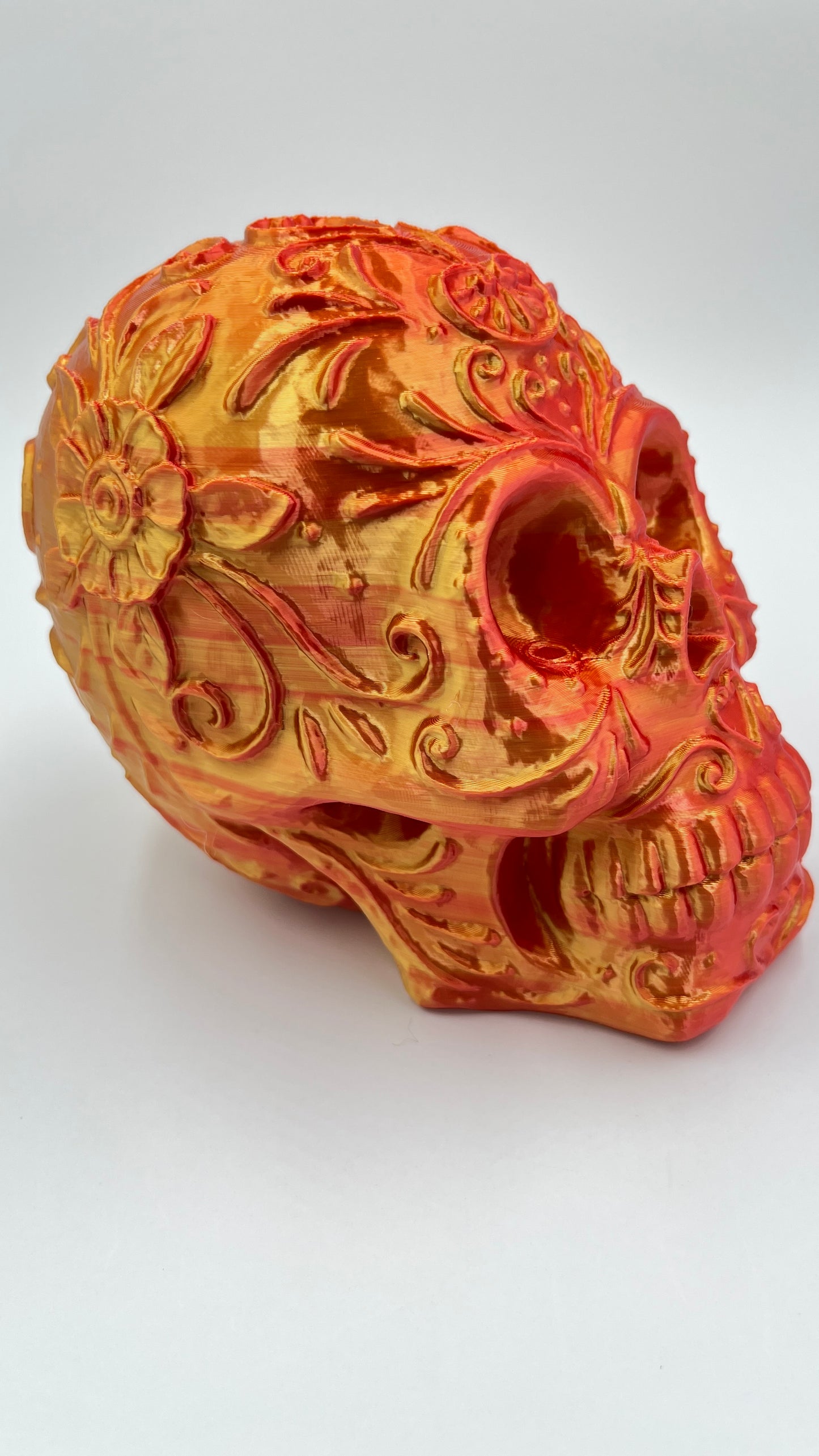 Skeleton Head Sculpture – Red & Gold Silk PLA 3D Printed Finish
