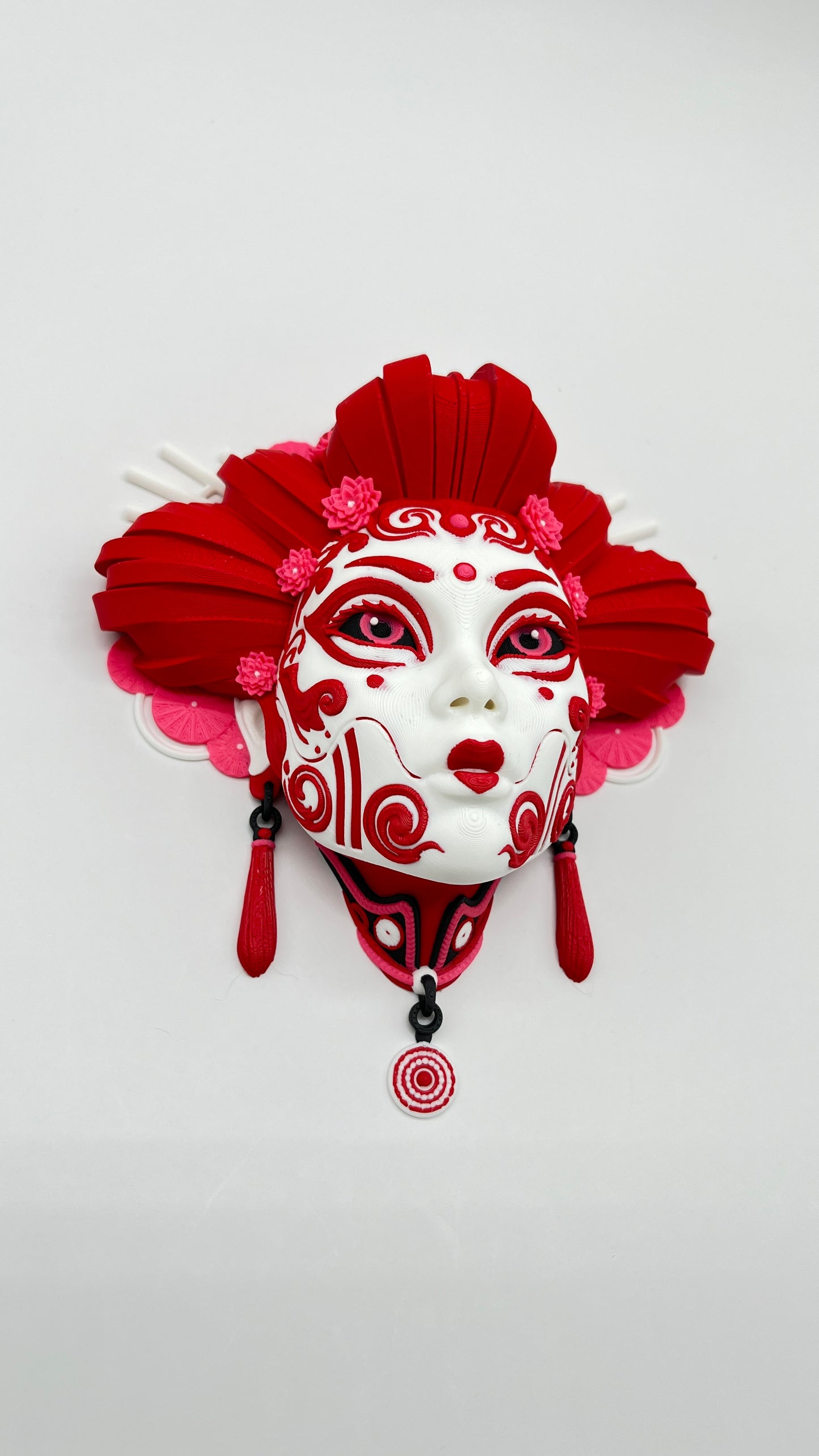 Oni Geisha Wall Mask — Red & White Art Plaque (Table Stand + Wall Hardware)
