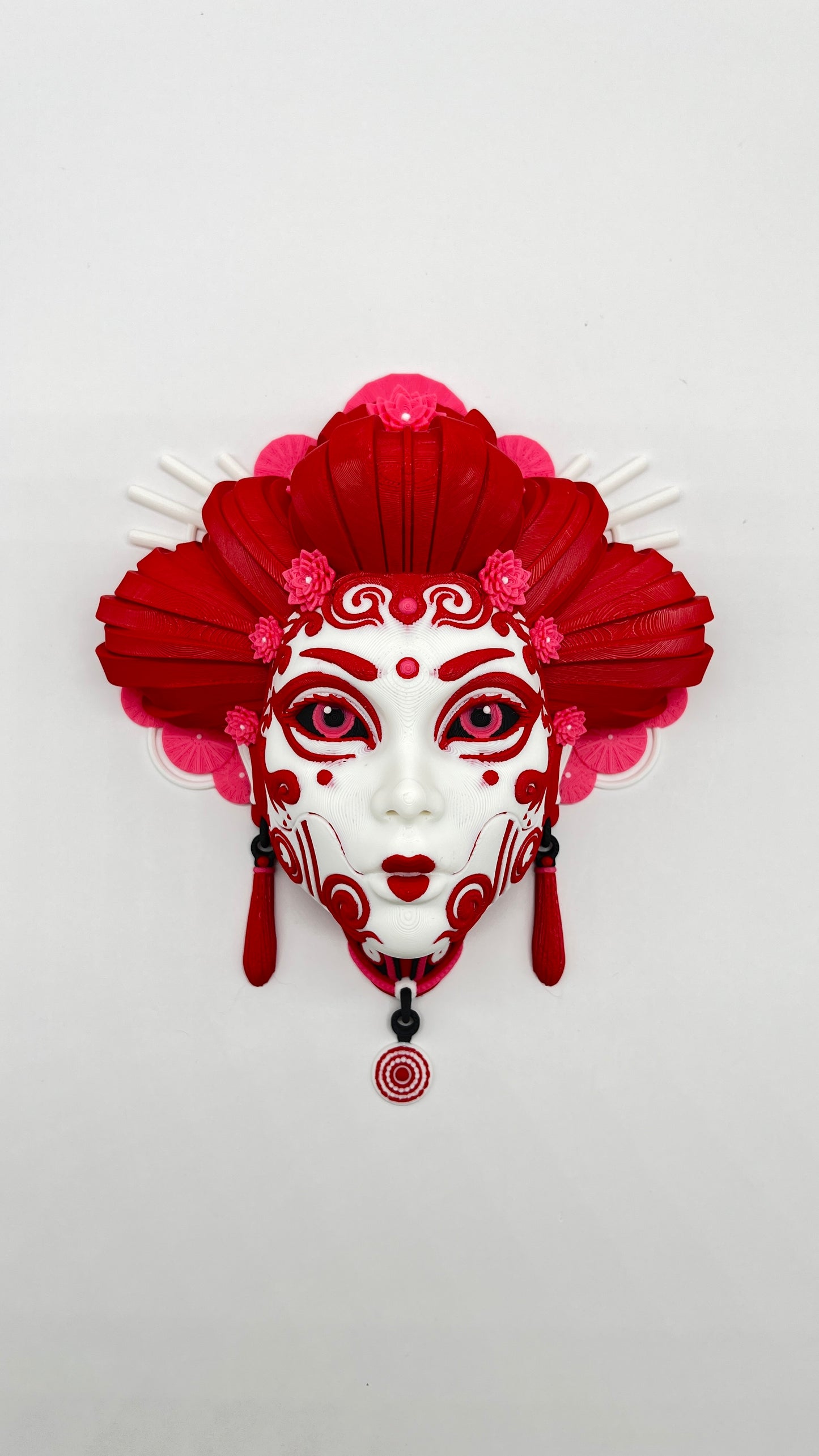 Oni Geisha Wall Mask — Red & White Art Plaque (Table Stand + Wall Hardware)