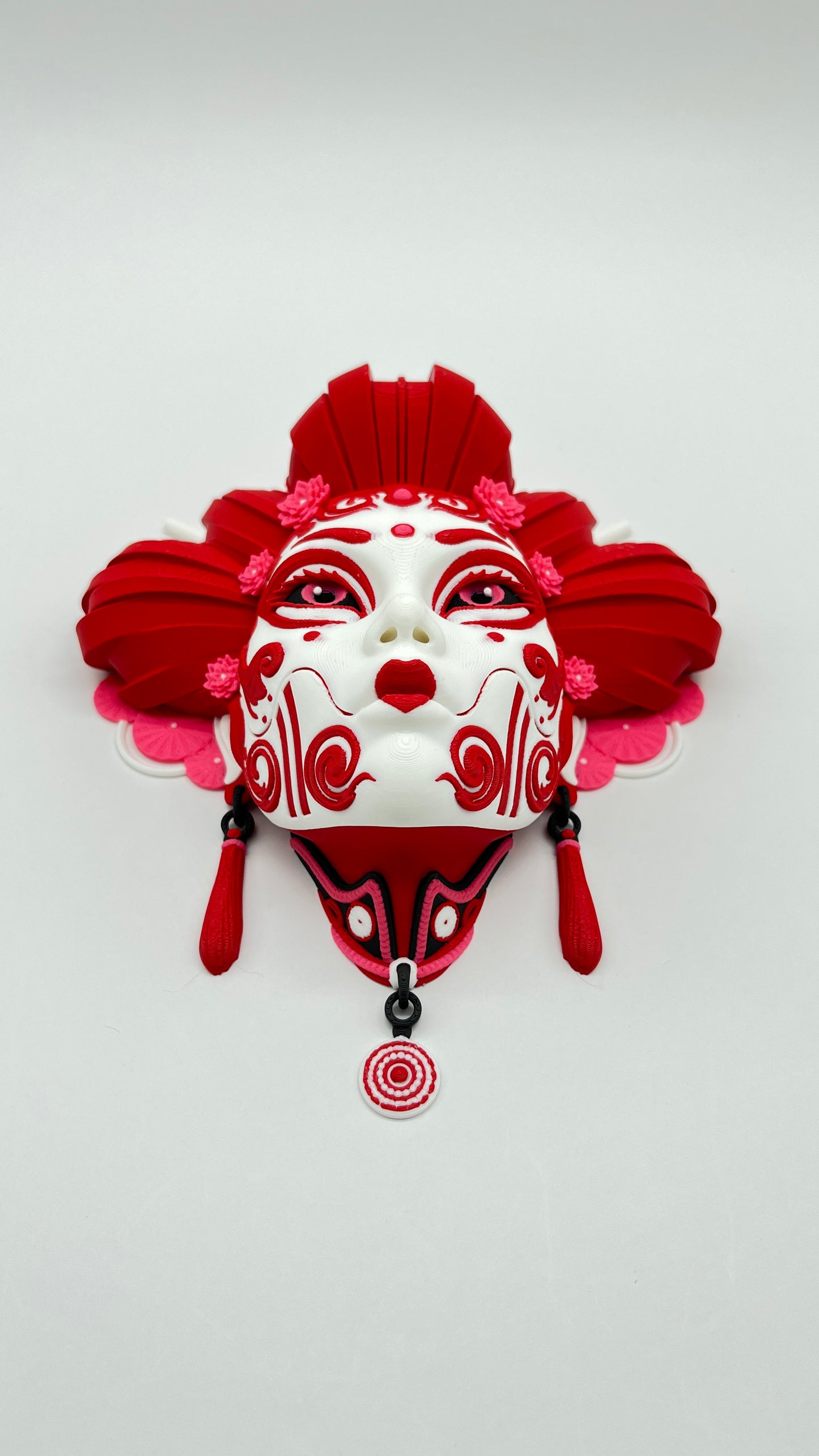 Oni Geisha Wall Mask — Red & White Art Plaque (Table Stand + Wall Hardware)