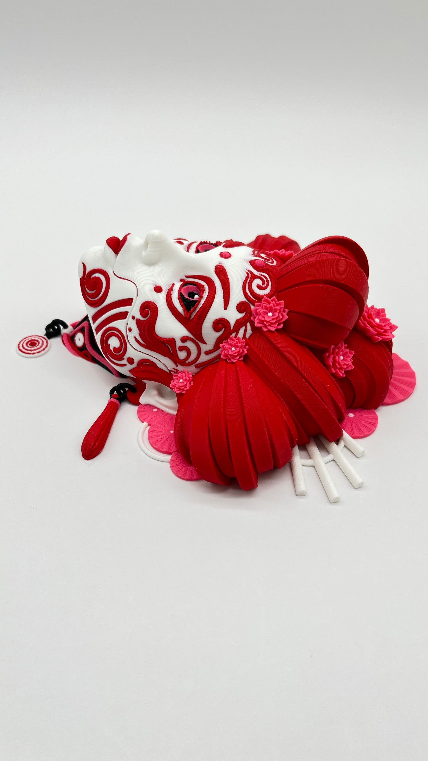 Oni Geisha Wall Mask — Red & White Art Plaque (Table Stand + Wall Hardware)