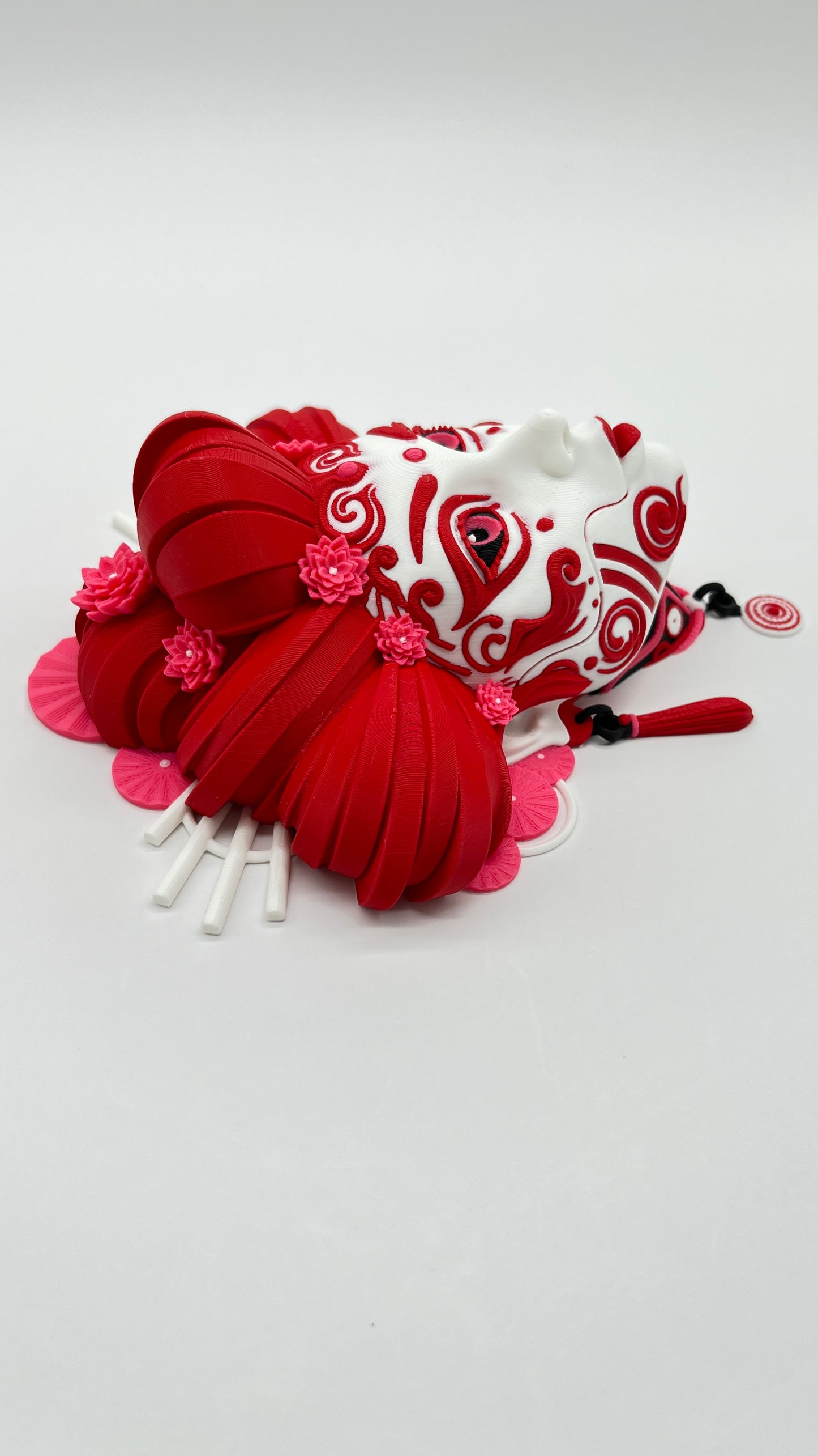 Oni Geisha Wall Mask — Red & White Art Plaque (Table Stand + Wall Hardware)