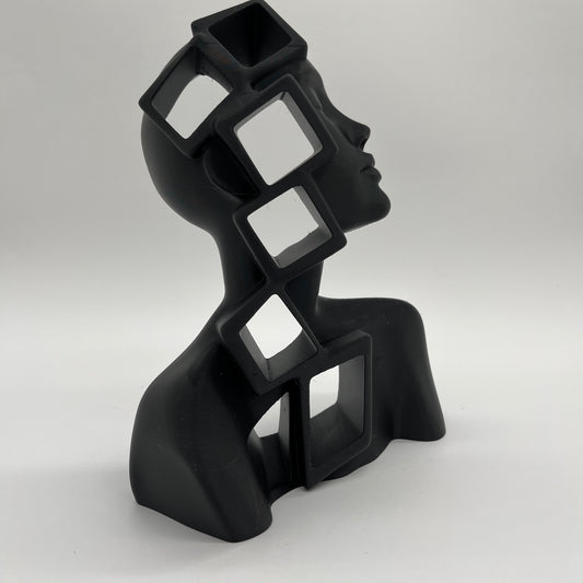 Cube-in-Girl Statue — Matte Charcoal Black