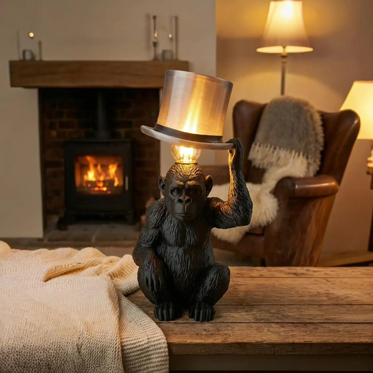 Monkey Table Lamp with Top Hat – Sculptural Animal Desk Lamp, 3D Printed Lighting