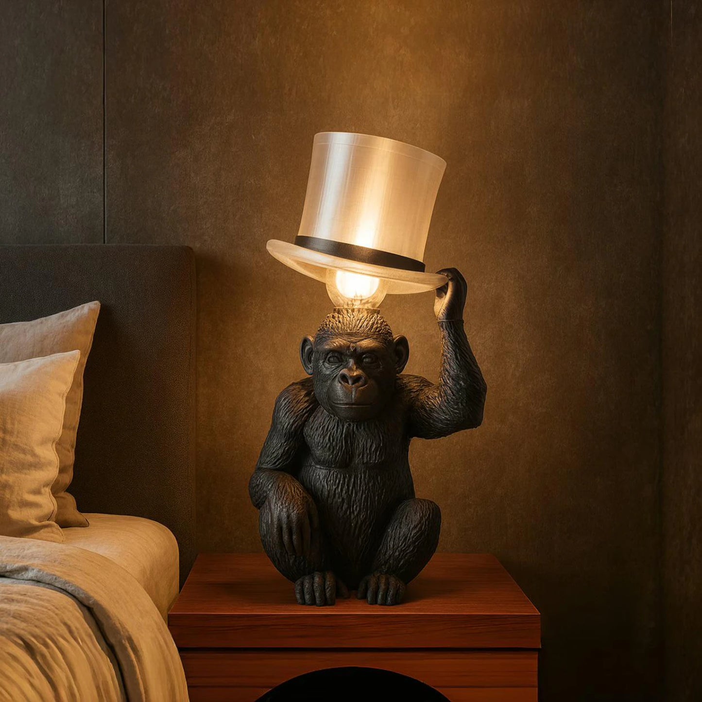 Monkey Table Lamp with Top Hat – Sculptural Animal Desk Lamp, 3D Printed Lighting