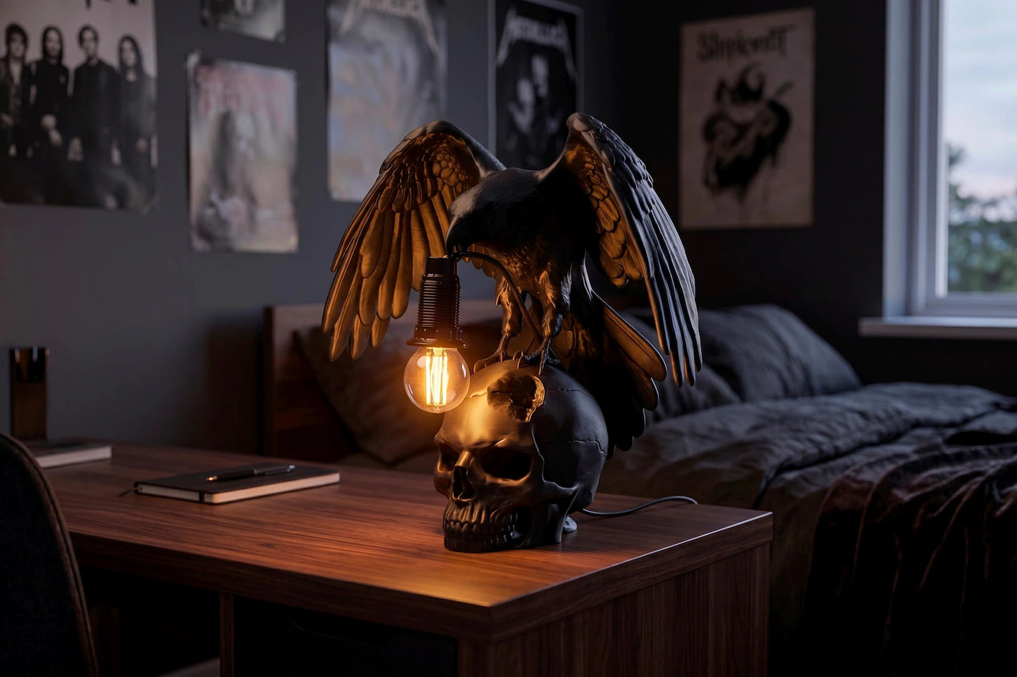 Raven Skull Table Lamp – Gothic Raven Desk Light