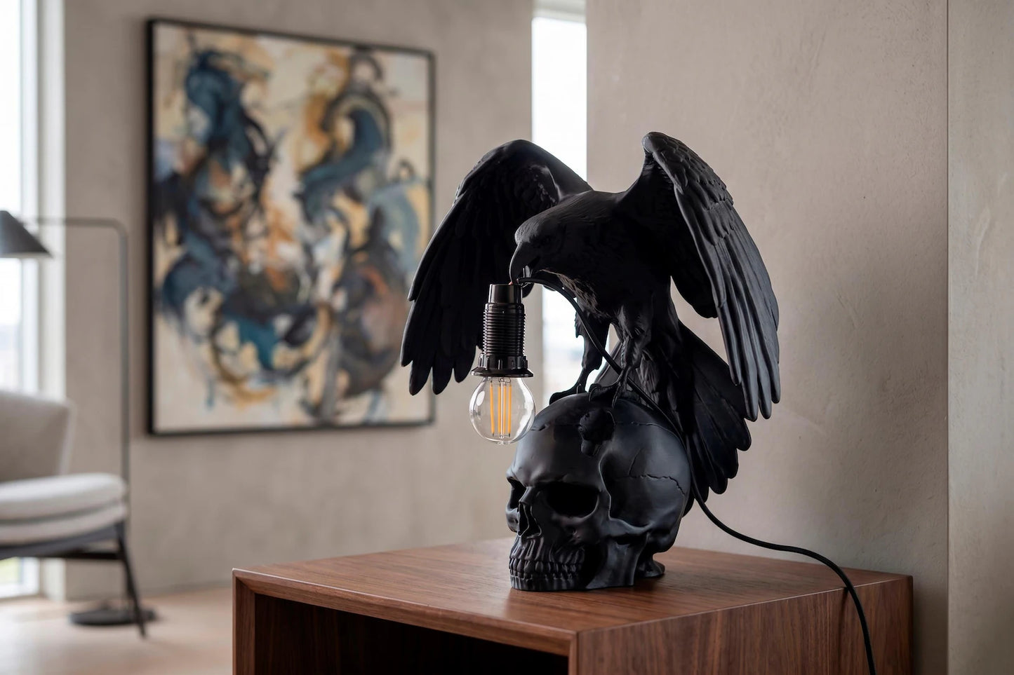 Raven Skull Table Lamp – Gothic Raven Desk Light