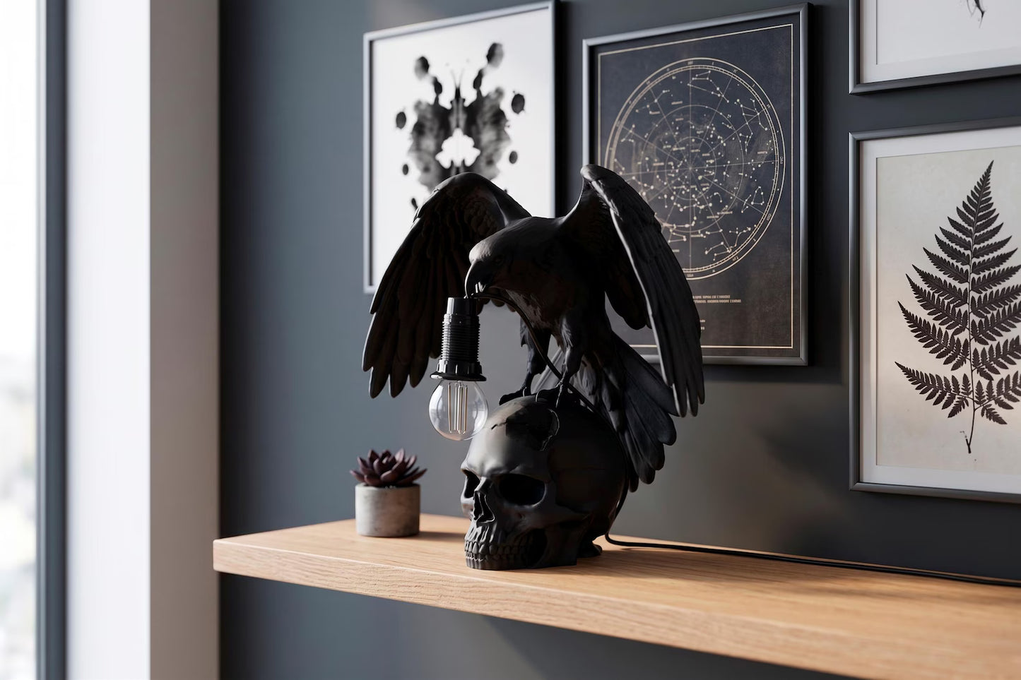 Raven Skull Table Lamp – Gothic Raven Desk Light