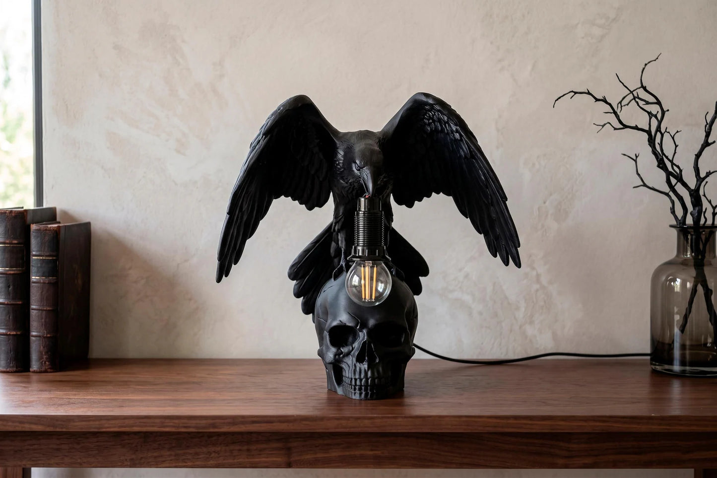 Raven Skull Table Lamp – Gothic Raven Desk Light