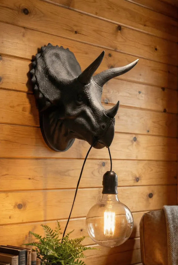 Triceratops Head Wall Lamp – Prehistoric Rustic Sconce with Edison-Style Bulb