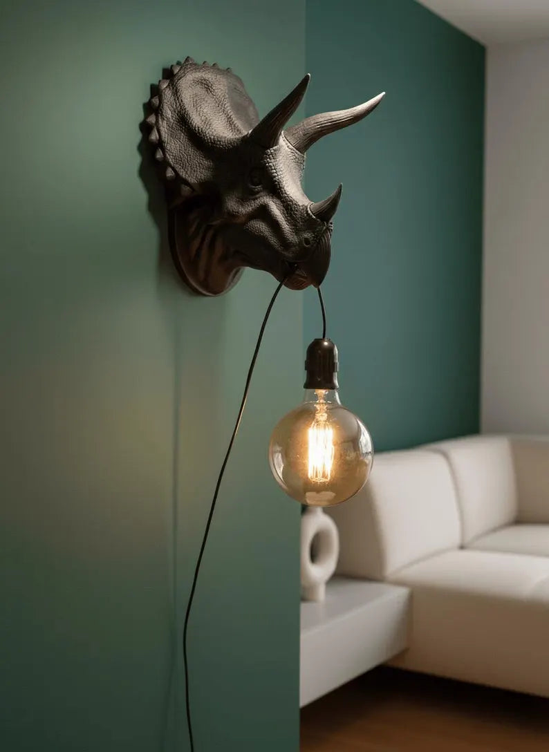 Triceratops Head Wall Lamp – Prehistoric Rustic Sconce with Edison-Style Bulb