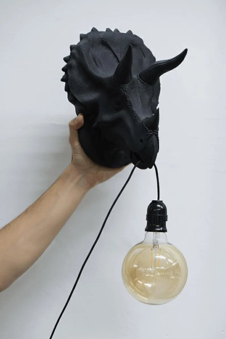 Triceratops Head Wall Lamp – Prehistoric Rustic Sconce with Edison-Style Bulb