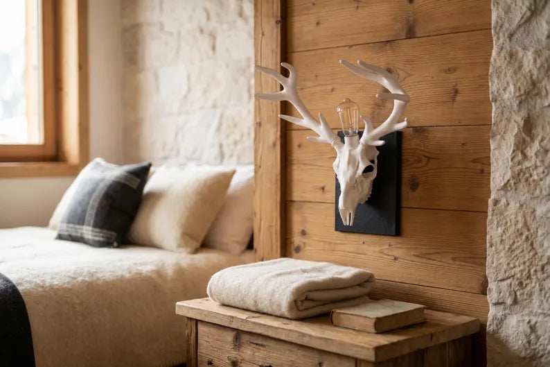 Deer Skull Wall Lamp – Gothic Antler Sconce, Dark Woodland Decor, Handcrafted Sculptural Lighting