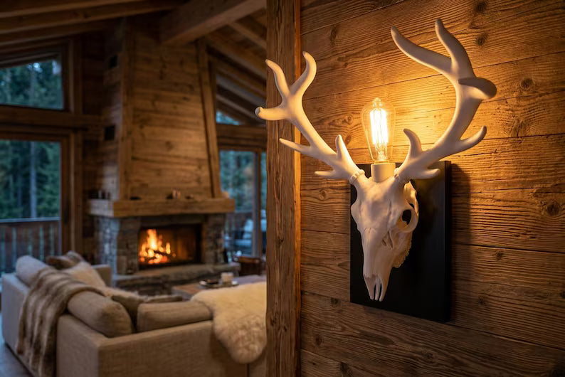 Deer Skull Wall Lamp – Gothic Antler Sconce, Dark Woodland Decor, Handcrafted Sculptural Lighting