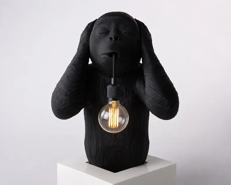 Hear No Evil Monkey Wall Lamp – Three Wise Monkeys Sconce, Black Decor, Handcrafted