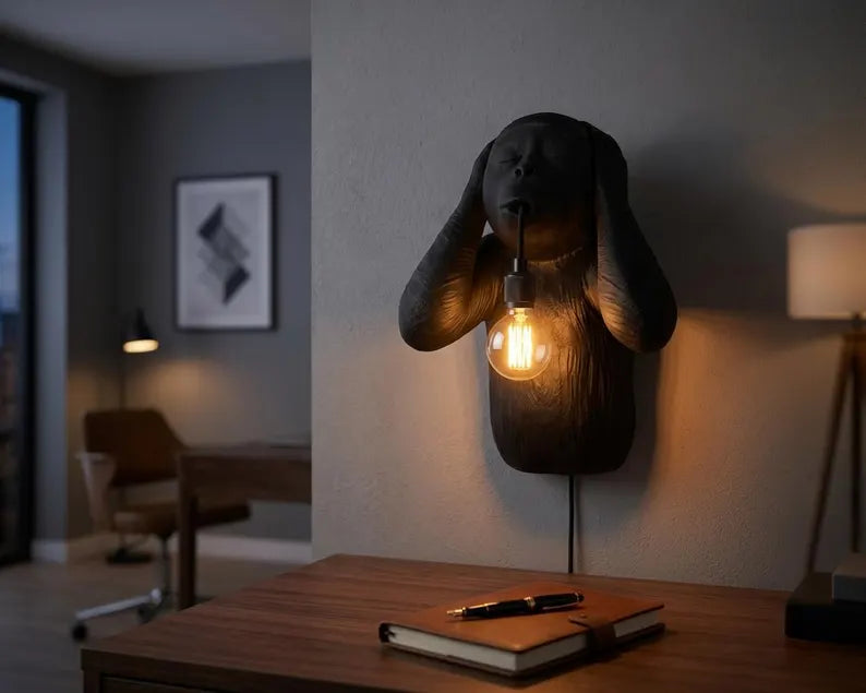 Hear No Evil Monkey Wall Lamp – Three Wise Monkeys Sconce, Black Decor, Handcrafted